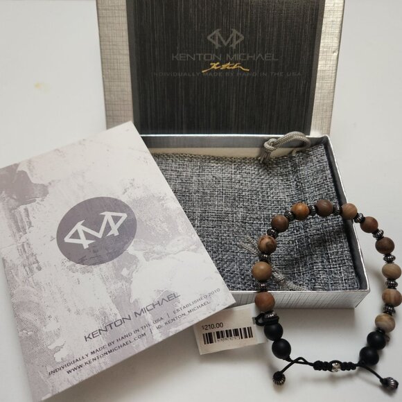 NWT Kenton Michael Petrified Wood & Sterling Silver Bracelet Pull Fit 8mm Beads - Picture 1 of 12